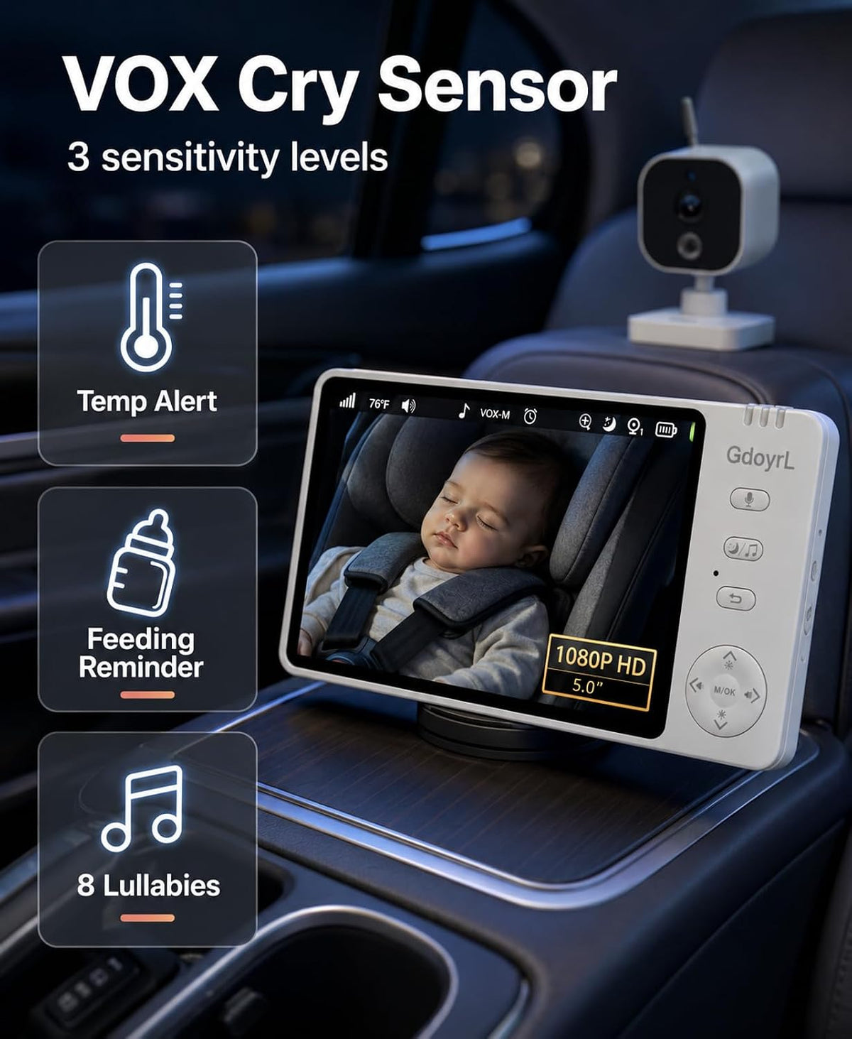 Wireless Baby Car Camera, 1080P HD IR Auto Night Vision, 360° Rotating Rear Facing Baby Monitor, 5" Display 4X Zoom, USB Powered Backseat Camera with 8 Lullabies VOX Temp Alarm & Infant Feed Reminder
