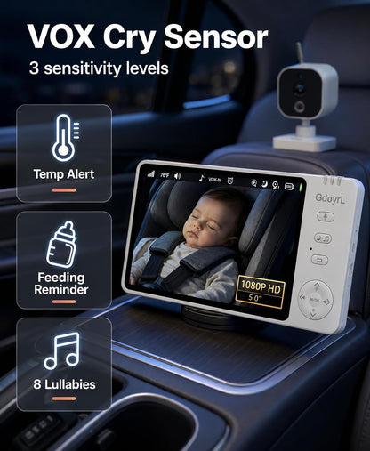 Wireless Baby Car Camera, 1080P HD IR Auto Night Vision, 360° Rotating Rear Facing Baby Monitor, 5" Display 4X Zoom, USB Powered Backseat Camera with 8 Lullabies VOX Temp Alarm & Infant Feed Reminder