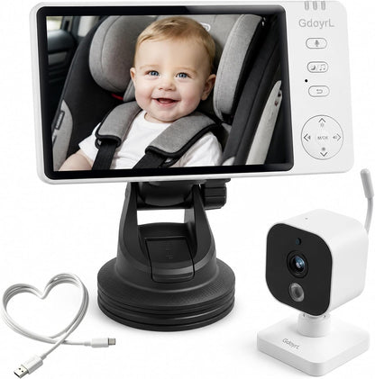 Wireless Baby Car Camera, 1080P HD IR Auto Night Vision, 360° Rotating Rear Facing Baby Monitor, 5" Display 4X Zoom, USB Powered Backseat Camera with 8 Lullabies VOX Temp Alarm & Infant Feed Reminder