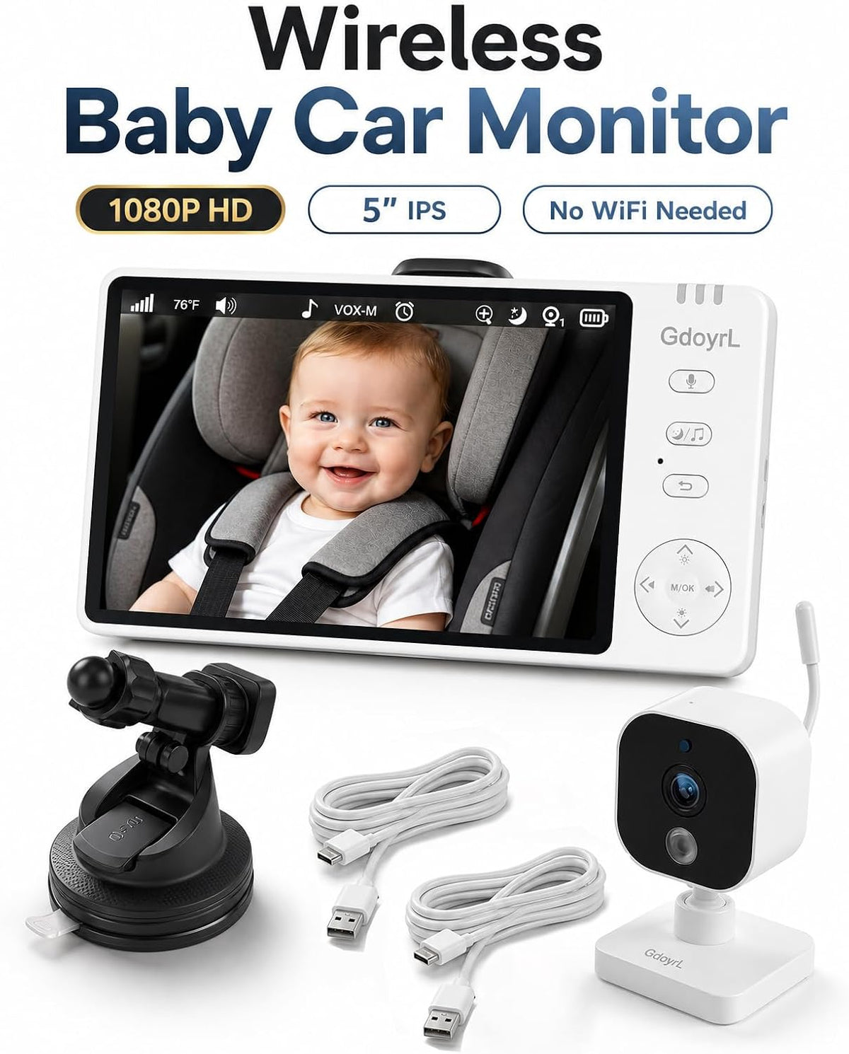 Wireless Baby Car Camera, 1080P HD IR Auto Night Vision, 360° Rotating Rear Facing Baby Monitor, 5" Display 4X Zoom, USB Powered Backseat Camera with 8 Lullabies VOX Temp Alarm & Infant Feed Reminder