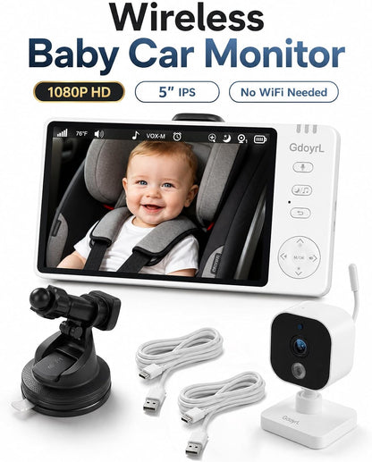 Wireless Baby Car Camera, 1080P HD IR Auto Night Vision, 360° Rotating Rear Facing Baby Monitor, 5" Display 4X Zoom, USB Powered Backseat Camera with 8 Lullabies VOX Temp Alarm & Infant Feed Reminder