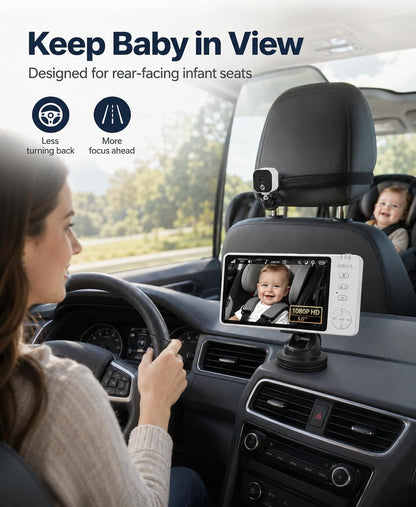Wireless Baby Car Camera, 1080P HD IR Auto Night Vision, 360° Rotating Rear Facing Baby Monitor, 5" Display 4X Zoom, USB Powered Backseat Camera with 8 Lullabies VOX Temp Alarm & Infant Feed Reminder