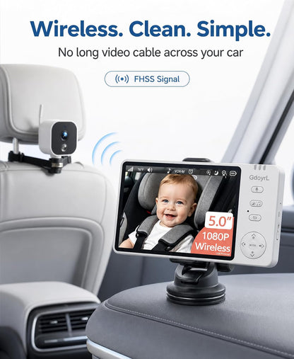 Wireless Baby Car Camera, 1080P HD IR Auto Night Vision, 360° Rotating Rear Facing Baby Monitor, 5" Display 4X Zoom, USB Powered Backseat Camera with 8 Lullabies VOX Temp Alarm & Infant Feed Reminder