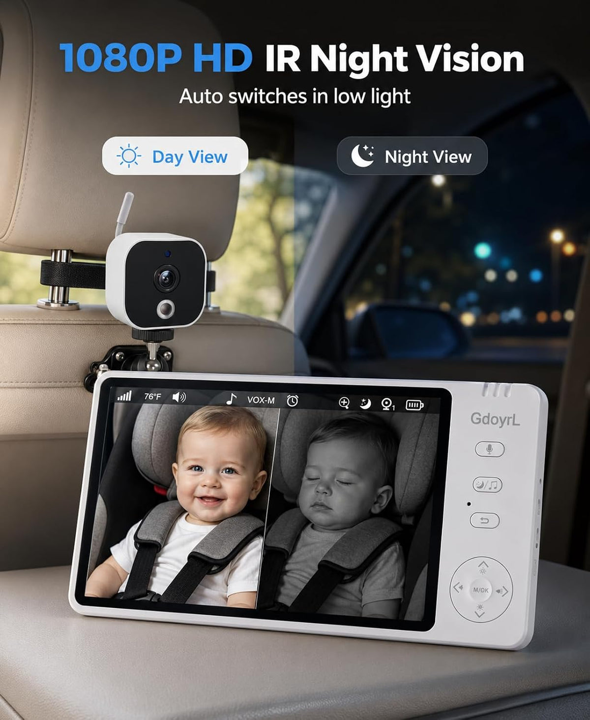 Wireless Baby Car Camera, 1080P HD IR Auto Night Vision, 360° Rotating Rear Facing Baby Monitor, 5" Display 4X Zoom, USB Powered Backseat Camera with 8 Lullabies VOX Temp Alarm & Infant Feed Reminder