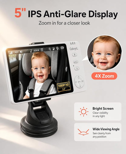 Wireless Baby Car Camera, 1080P HD IR Auto Night Vision, 360° Rotating Rear Facing Baby Monitor, 5" Display 4X Zoom, USB Powered Backseat Camera with 8 Lullabies VOX Temp Alarm & Infant Feed Reminder