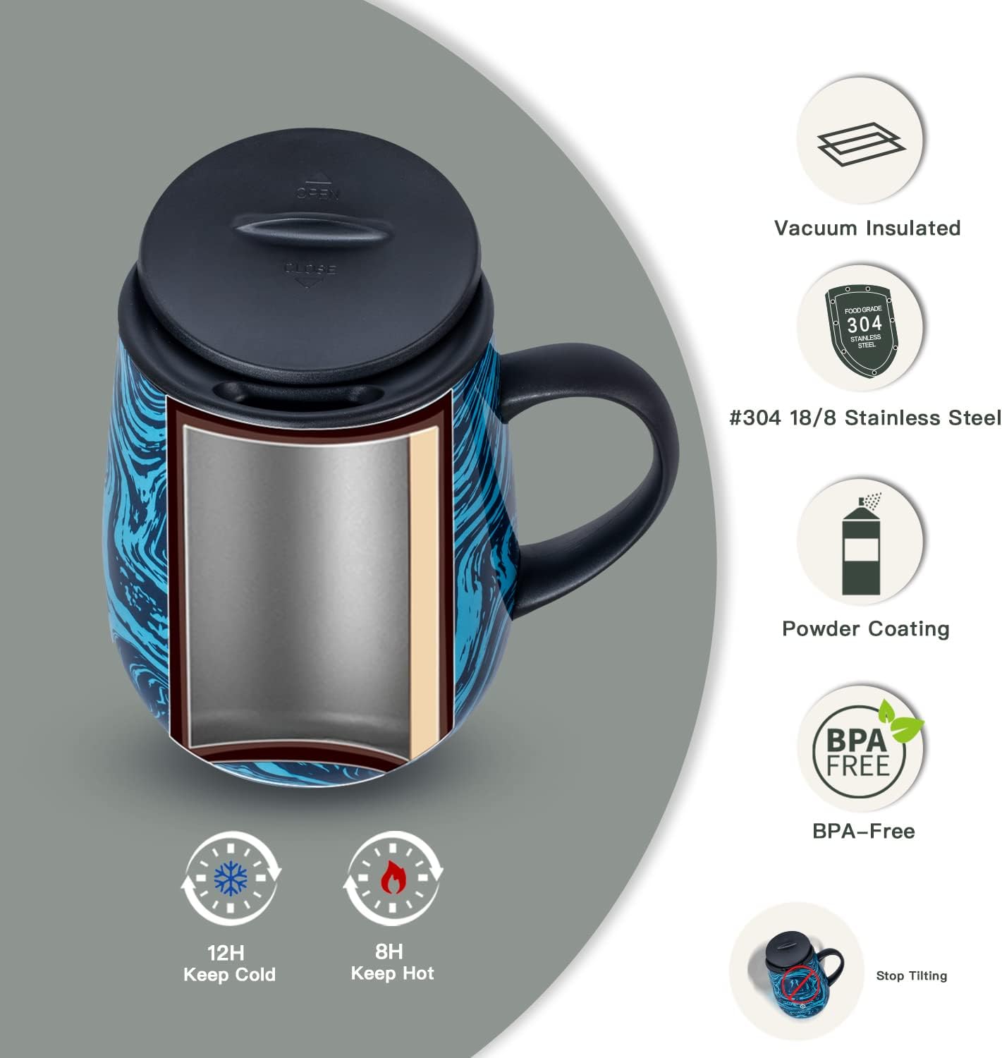 16 oz Insulated Coffee Mug with Handle and Lid, Double Wall Stainless Steel Vacuum Thermal Coffee Mug, Travel Coffee Cup Thermal Cup for Home and Office, Eggshell Blue