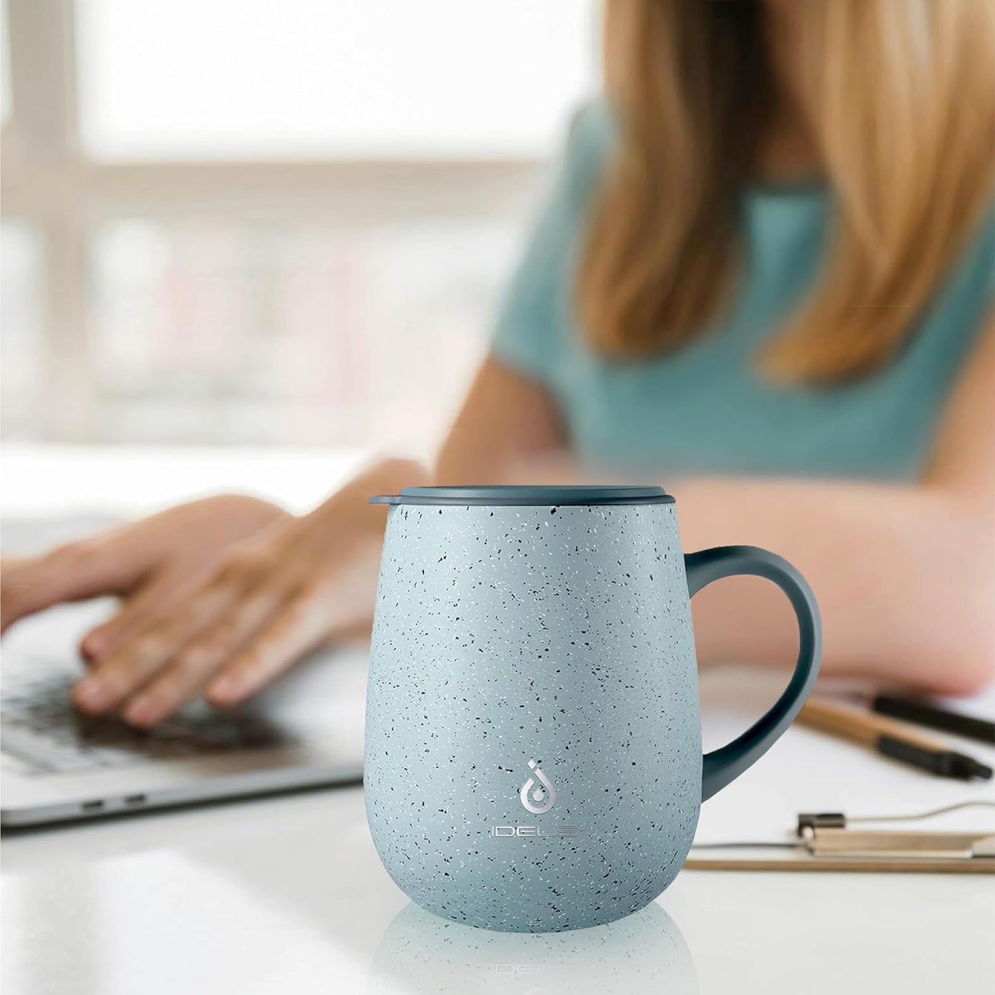 16 oz Insulated Coffee Mug with Handle and Lid, Double Wall Stainless Steel Vacuum Thermal Coffee Mug, Travel Coffee Cup Thermal Cup for Home and Office, Eggshell Blue