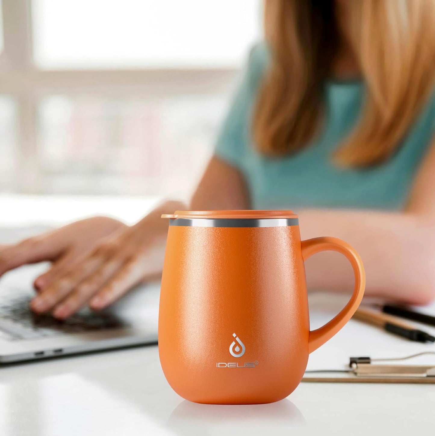 16 oz Insulated Coffee Mug with Handle and Lid, Double Wall Stainless Steel Vacuum Thermal Coffee Mug, Travel Coffee Cup Thermal Cup for Home and Office, Eggshell Blue