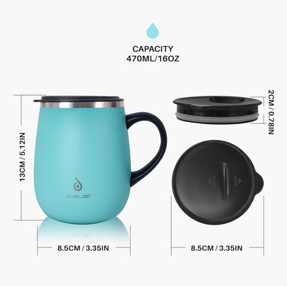 16 oz Insulated Coffee Mug with Handle and Lid, Double Wall Stainless Steel Vacuum Thermal Coffee Mug, Travel Coffee Cup Thermal Cup for Home and Office, Eggshell Blue