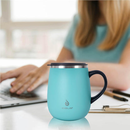 16 oz Insulated Coffee Mug with Handle and Lid, Double Wall Stainless Steel Vacuum Thermal Coffee Mug, Travel Coffee Cup Thermal Cup for Home and Office, Eggshell Blue