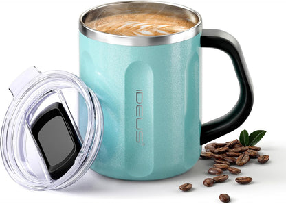 16 oz Insulated Coffee Mug with Handle and Lid, Double Wall Stainless Steel Vacuum Thermal Coffee Mug, Travel Coffee Cup Thermal Cup for Home and Office, Eggshell Blue