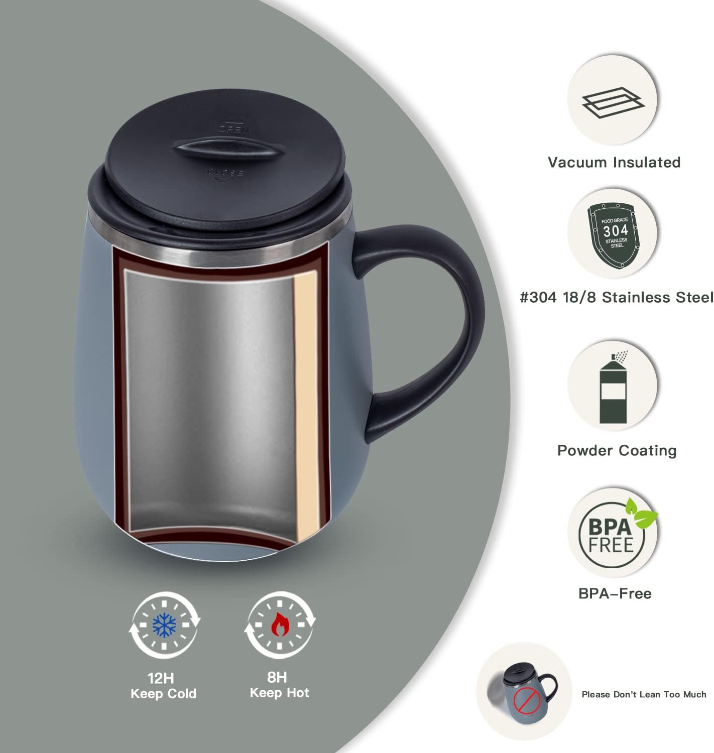 16 oz Insulated Coffee Mug with Handle and Lid, Double Wall Stainless Steel Vacuum Thermal Coffee Mug, Travel Coffee Cup Thermal Cup for Home and Office, Eggshell Blue