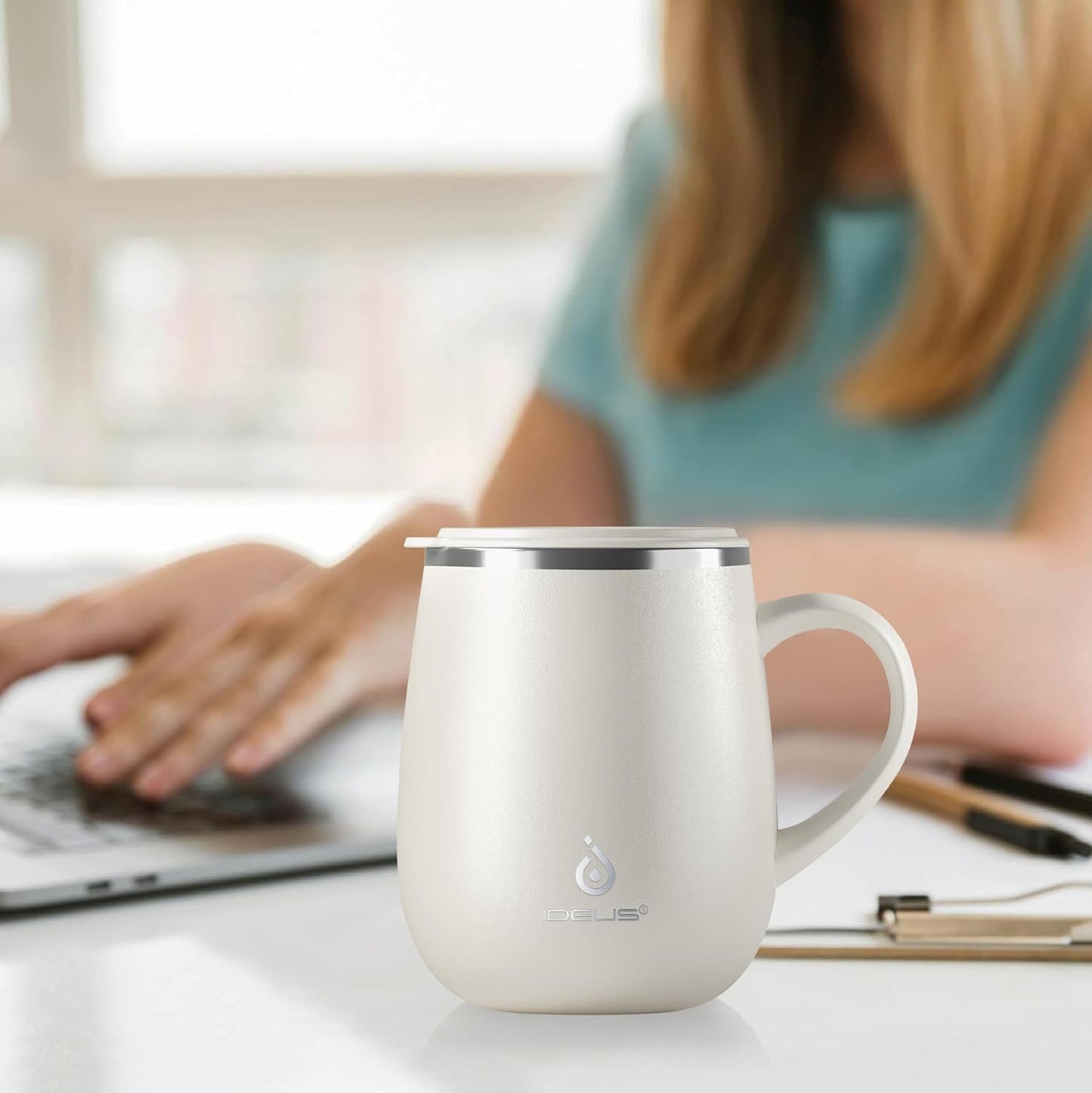16 oz Insulated Coffee Mug with Handle and Lid, Double Wall Stainless Steel Vacuum Thermal Coffee Mug, Travel Coffee Cup Thermal Cup for Home and Office, Eggshell Blue