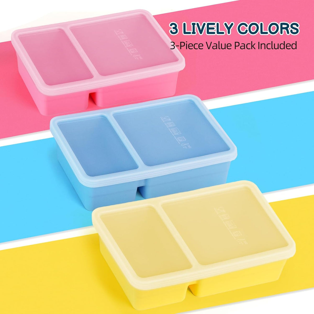 Silicone Freezer Trays with Lids(3Pack), 12 oz Double Compartment Cavity Soup Molds, Per Compartment for Broth, Sauce, Leftovers & Large Ice Cubes, Oven & Dishwasher Safe, Easy to Clean