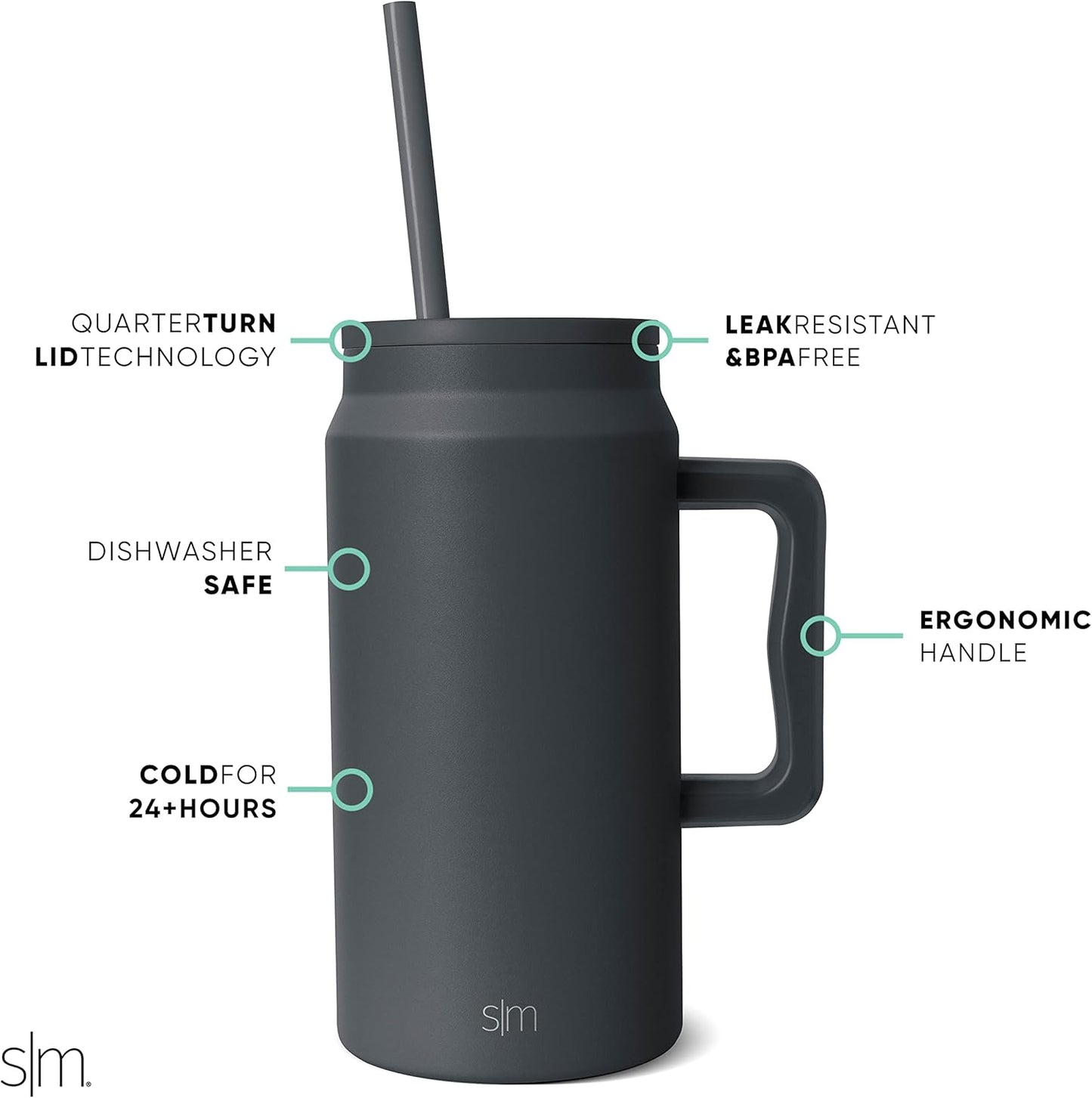 50 oz Mug Tumbler with Handle and Straw Lid | Reusable Insulated Stainless Steel Large Travel Jug Water Bottle | Gifts for Women Men Him Her | Trek Collection | 50oz | Graphite