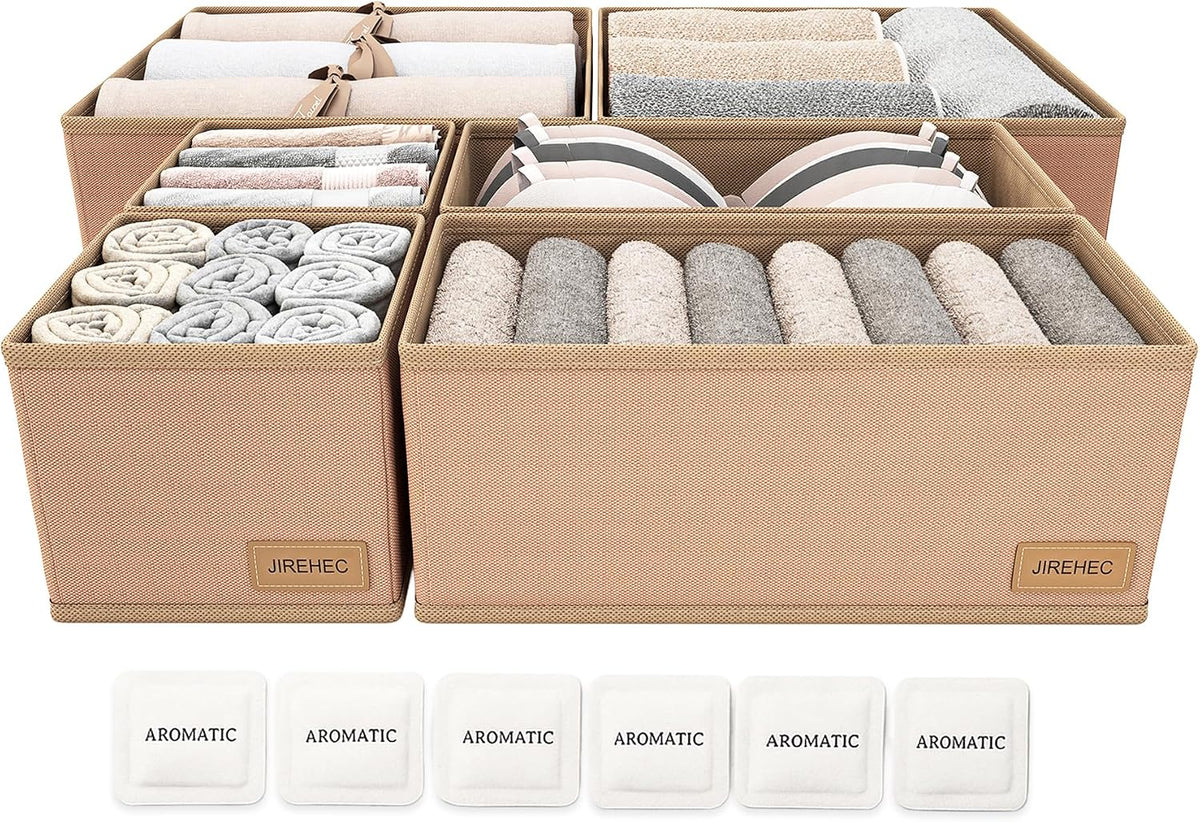 Dresser Drawer Organizer Clothes, 6 Pack Foldable Storage Boxes with Zipper, 600D Fabric, Cream, Drawer Dividers for Underwear, Socks, Baby Clothes