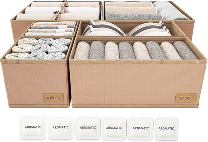 Dresser Drawer Organizer Clothes, 6 Pack Foldable Storage Boxes with Zipper, 600D Fabric, Cream, Drawer Dividers for Underwear, Socks, Baby Clothes