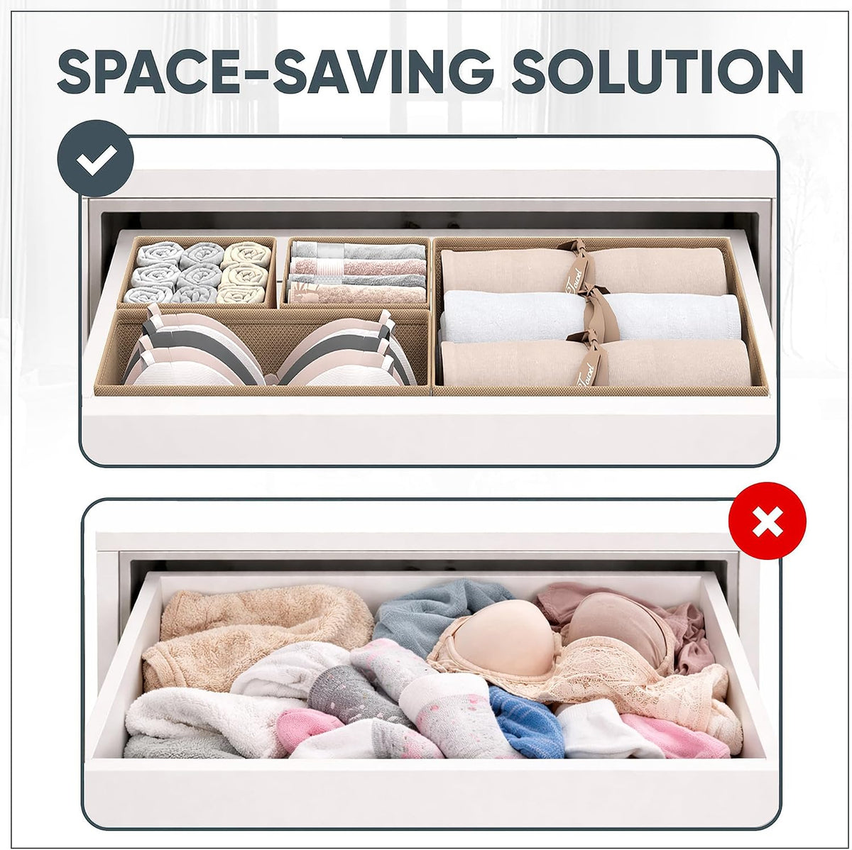 Dresser Drawer Organizer Clothes, 6 Pack Foldable Storage Boxes with Zipper, 600D Fabric, Cream, Drawer Dividers for Underwear, Socks, Baby Clothes