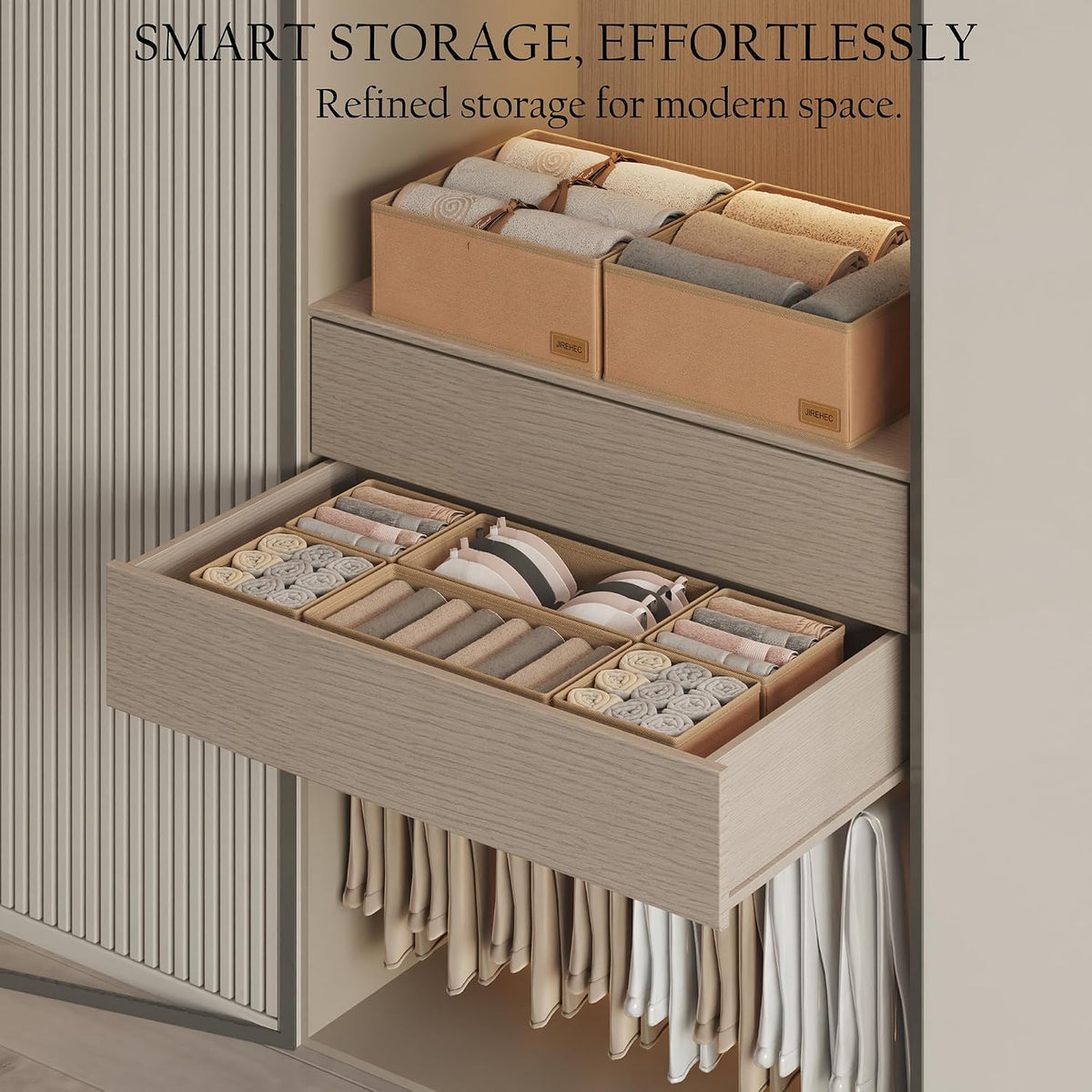 Dresser Drawer Organizer Clothes, 6 Pack Foldable Storage Boxes with Zipper, 600D Fabric, Cream, Drawer Dividers for Underwear, Socks, Baby Clothes