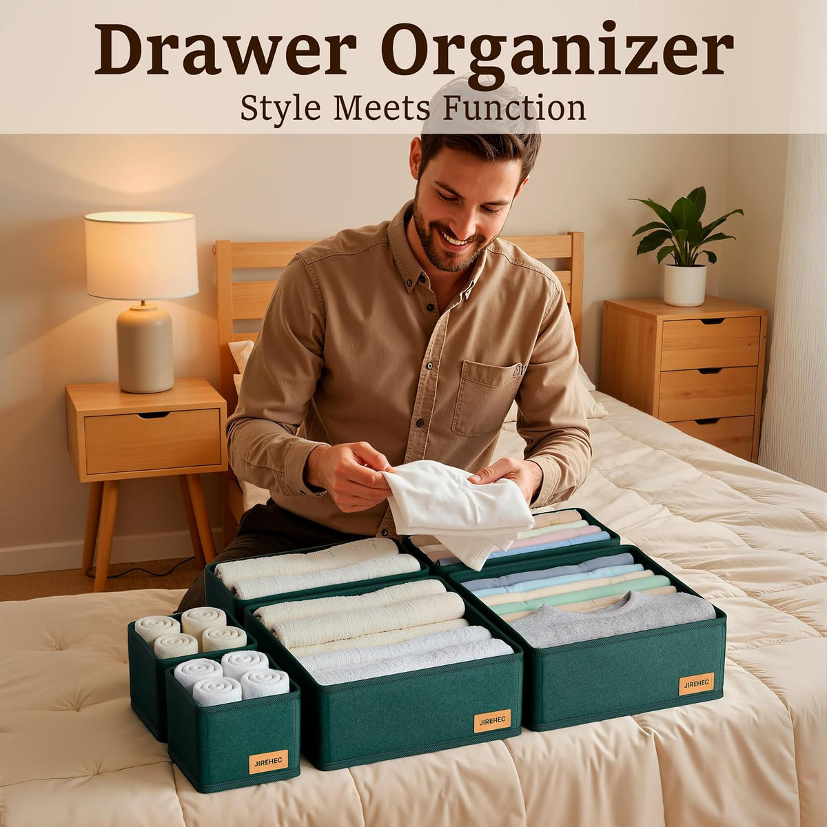 Dresser Drawer Organizer Clothes, 6 Pack Foldable Storage Boxes with Zipper, 600D Fabric, Cream, Drawer Dividers for Underwear, Socks, Baby Clothes