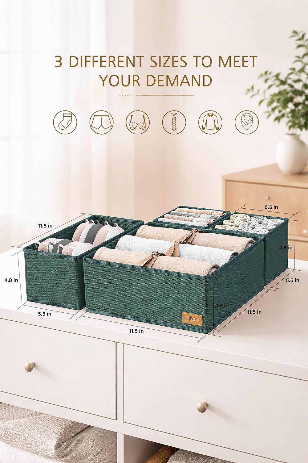 Dresser Drawer Organizer Clothes, 6 Pack Foldable Storage Boxes with Zipper, 600D Fabric, Cream, Drawer Dividers for Underwear, Socks, Baby Clothes