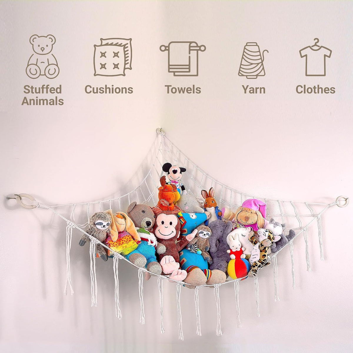 Large Stuffed Animal Hammock Corner - Stuffed Animal Storage - 100% Natural Cotton Macrame Stuffed Animal Net - Stuff Animal Organizer - Net For Stuffed Animals Corner Large-Beige