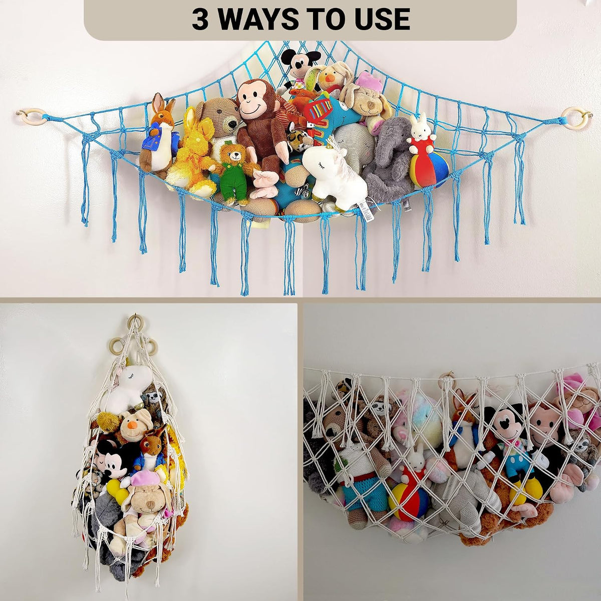 Large Stuffed Animal Hammock Corner - Stuffed Animal Storage - 100% Natural Cotton Macrame Stuffed Animal Net - Stuff Animal Organizer - Net For Stuffed Animals Corner Large-Beige