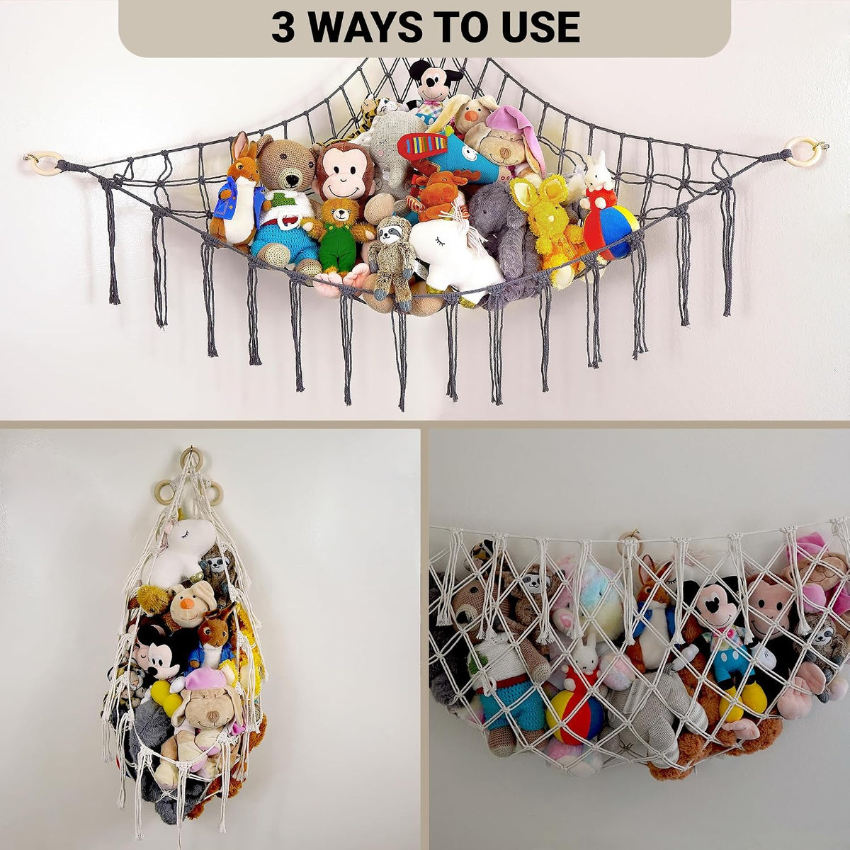 Large Stuffed Animal Hammock Corner - Stuffed Animal Storage - 100% Natural Cotton Macrame Stuffed Animal Net - Stuff Animal Organizer - Net For Stuffed Animals Corner Large-Beige