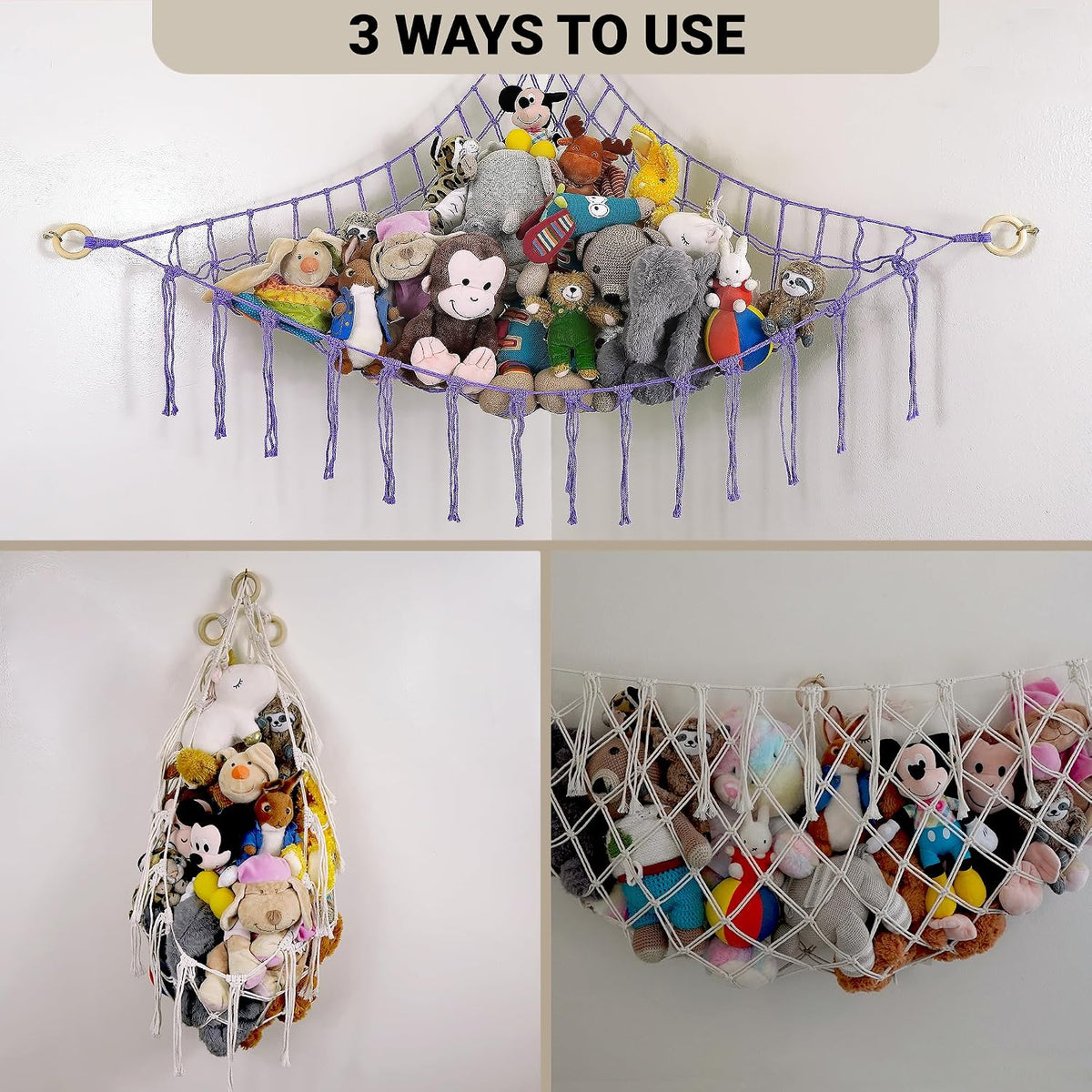 Large Stuffed Animal Hammock Corner - Stuffed Animal Storage - 100% Natural Cotton Macrame Stuffed Animal Net - Stuff Animal Organizer - Net For Stuffed Animals Corner Large-Beige