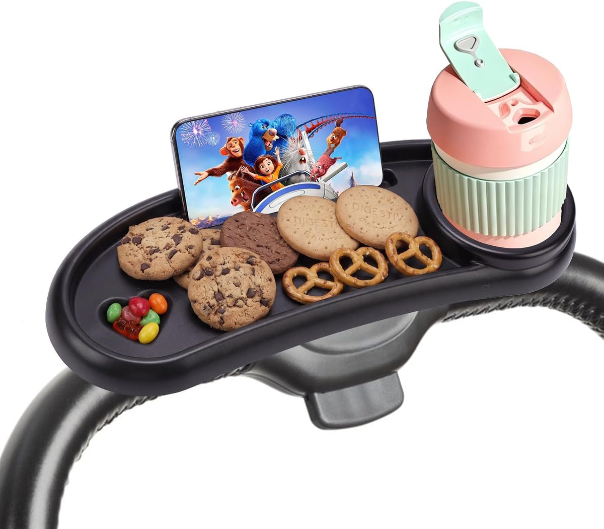 Universal Stroller Snack Tray Compatible with Mockingbird Evenflo Nuna, Adjustable Stroller Tray with Cup Holder & Phone Holder, Stroller Accessory Attachment, Black