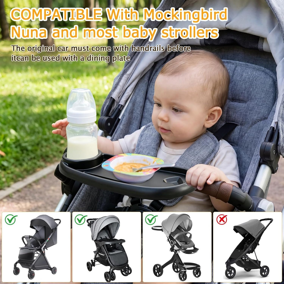 Universal Stroller Snack Tray Compatible with Mockingbird Evenflo Nuna, Adjustable Stroller Tray with Cup Holder & Phone Holder, Stroller Accessory Attachment, Black