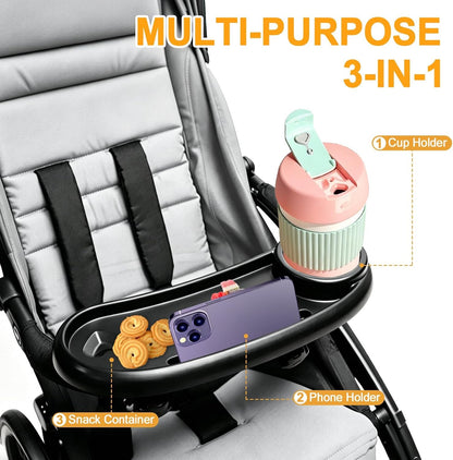 Universal Stroller Snack Tray Compatible with Mockingbird Evenflo Nuna, Adjustable Stroller Tray with Cup Holder & Phone Holder, Stroller Accessory Attachment, Black