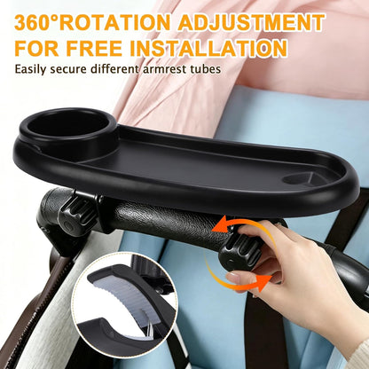 Universal Stroller Snack Tray Compatible with Mockingbird Evenflo Nuna, Adjustable Stroller Tray with Cup Holder & Phone Holder, Stroller Accessory Attachment, Black
