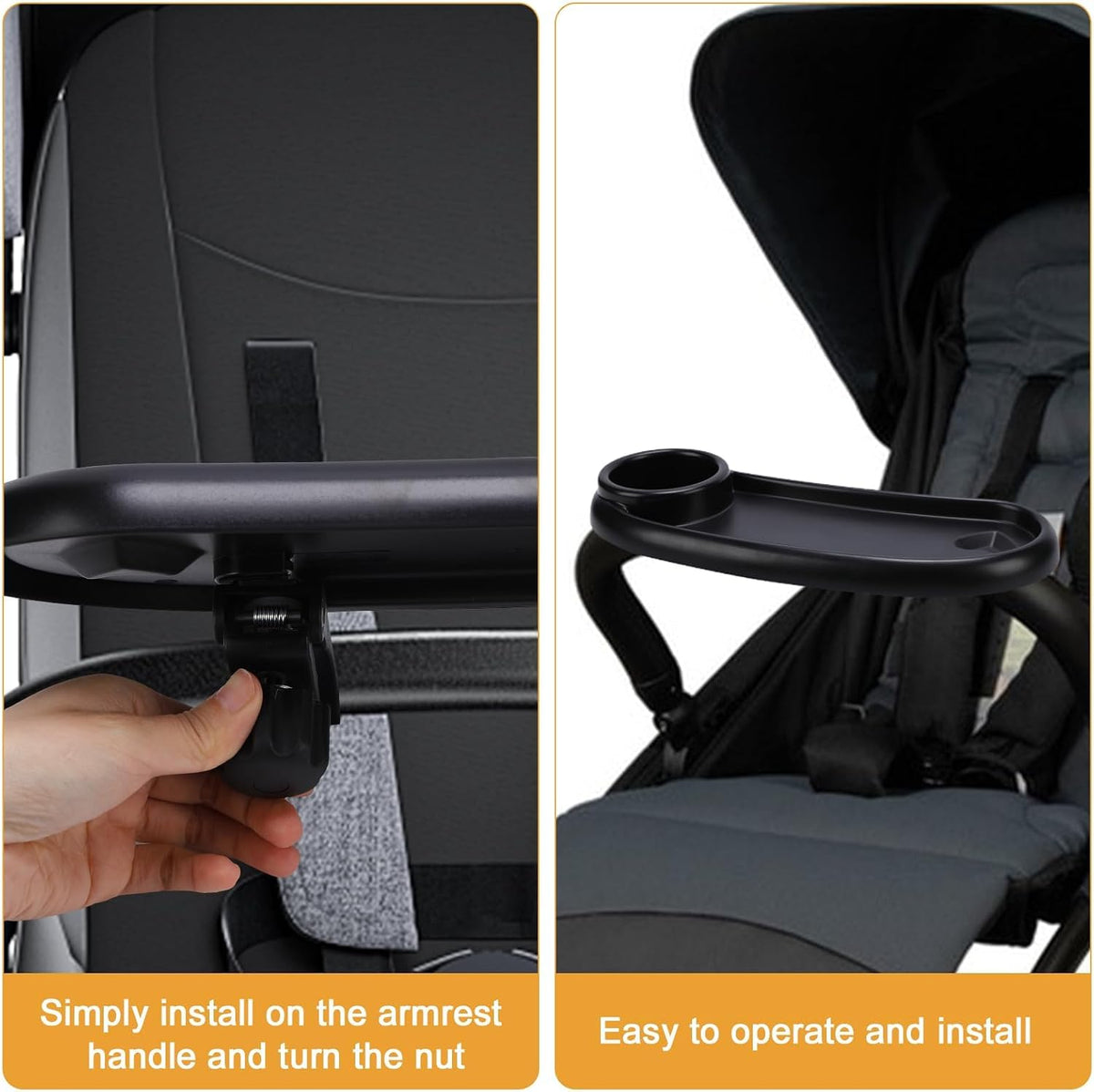 Universal Stroller Snack Tray Compatible with Mockingbird Evenflo Nuna, Adjustable Stroller Tray with Cup Holder & Phone Holder, Stroller Accessory Attachment, Black