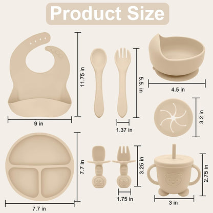Silicone Baby Feeding Set | Baby Led Weaning Supplies Includes Suction Bowls and Divided Plates, Adjustable Bib, Baby Utensils Spoons and Forks,Cup | Baby Feeding Essentials (Pink)