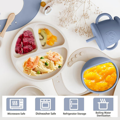 Silicone Baby Feeding Set | Baby Led Weaning Supplies Includes Suction Bowls and Divided Plates, Adjustable Bib, Baby Utensils Spoons and Forks,Cup | Baby Feeding Essentials (Pink)