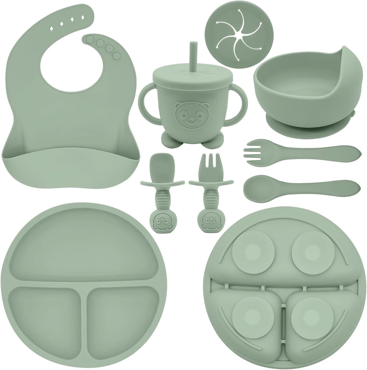 Silicone Baby Feeding Set | Baby Led Weaning Supplies Includes Suction Bowls and Divided Plates, Adjustable Bib, Baby Utensils Spoons and Forks,Cup | Baby Feeding Essentials (Pink)