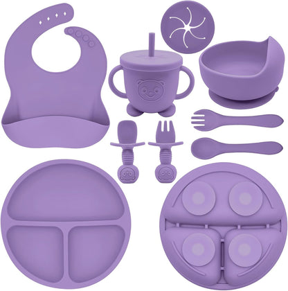 Silicone Baby Feeding Set | Baby Led Weaning Supplies Includes Suction Bowls and Divided Plates, Adjustable Bib, Baby Utensils Spoons and Forks,Cup | Baby Feeding Essentials (Pink)