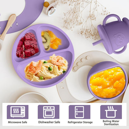 Silicone Baby Feeding Set | Baby Led Weaning Supplies Includes Suction Bowls and Divided Plates, Adjustable Bib, Baby Utensils Spoons and Forks,Cup | Baby Feeding Essentials (Pink)