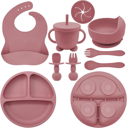 Silicone Baby Feeding Set | Baby Led Weaning Supplies Includes Suction Bowls and Divided Plates, Adjustable Bib, Baby Utensils Spoons and Forks,Cup | Baby Feeding Essentials (Pink)