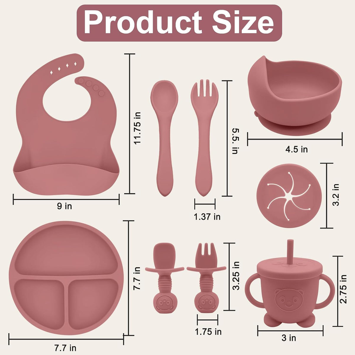 Silicone Baby Feeding Set | Baby Led Weaning Supplies Includes Suction Bowls and Divided Plates, Adjustable Bib, Baby Utensils Spoons and Forks,Cup | Baby Feeding Essentials (Pink)