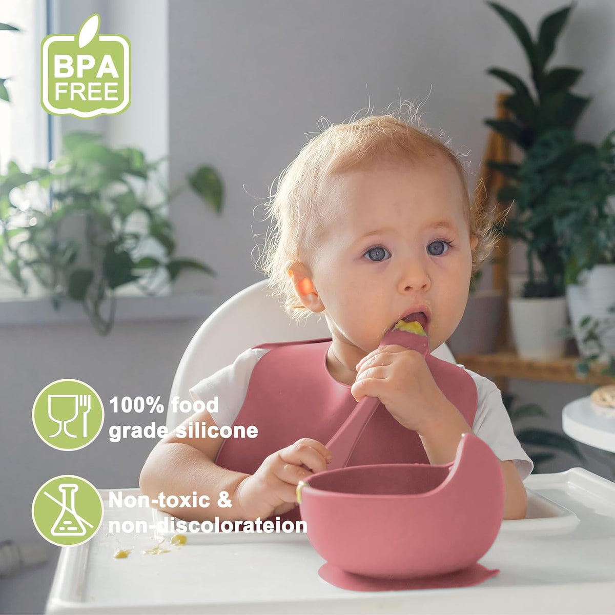Silicone Baby Feeding Set | Baby Led Weaning Supplies Includes Suction Bowls and Divided Plates, Adjustable Bib, Baby Utensils Spoons and Forks,Cup | Baby Feeding Essentials (Pink)