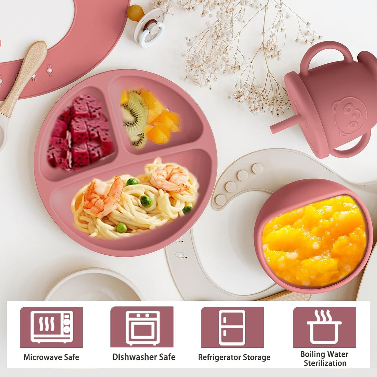 Silicone Baby Feeding Set | Baby Led Weaning Supplies Includes Suction Bowls and Divided Plates, Adjustable Bib, Baby Utensils Spoons and Forks,Cup | Baby Feeding Essentials (Pink)