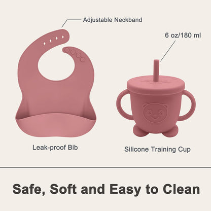 Silicone Baby Feeding Set | Baby Led Weaning Supplies Includes Suction Bowls and Divided Plates, Adjustable Bib, Baby Utensils Spoons and Forks,Cup | Baby Feeding Essentials (Pink)