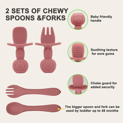 Silicone Baby Feeding Set | Baby Led Weaning Supplies Includes Suction Bowls and Divided Plates, Adjustable Bib, Baby Utensils Spoons and Forks,Cup | Baby Feeding Essentials (Pink)