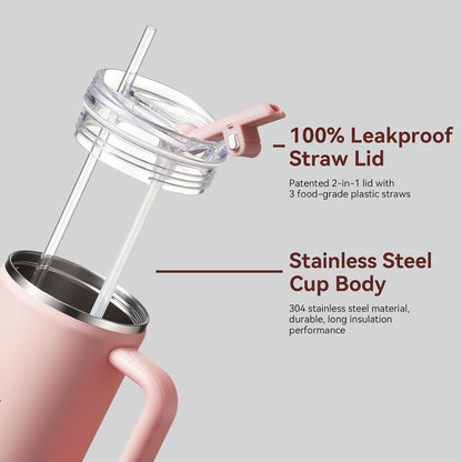 30/40/50 oz Tumbler with Handle, Water Bottles with Straw Lid, Insulated Stainless Steel Travel Mug Cup Holder Friendly, Keep Drinks Cold or Hot for Hours