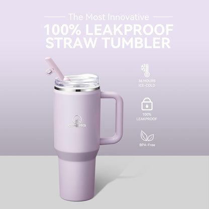 30/40/50 oz Tumbler with Handle, Water Bottles with Straw Lid, Insulated Stainless Steel Travel Mug Cup Holder Friendly, Keep Drinks Cold or Hot for Hours