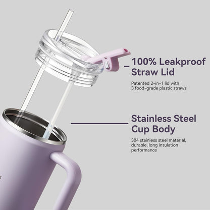 30/40/50 oz Tumbler with Handle, Water Bottles with Straw Lid, Insulated Stainless Steel Travel Mug Cup Holder Friendly, Keep Drinks Cold or Hot for Hours