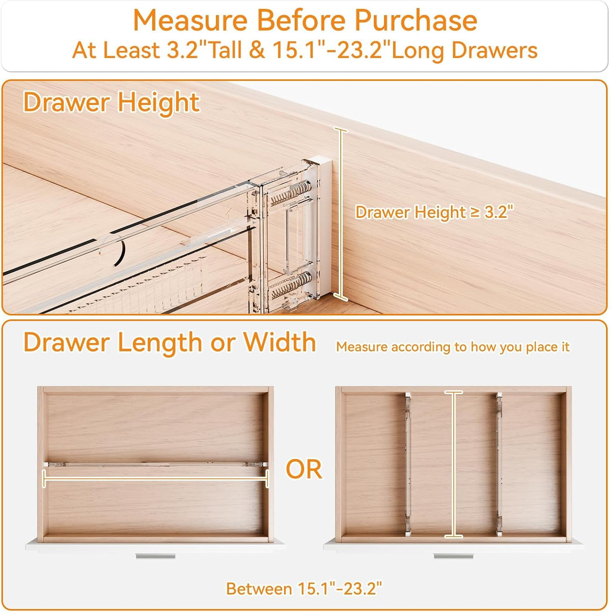4 Pack 3.2 Inch Shallow Acrylic Drawer Dividers for Clothes -Expandable from 15-21''- Adjustable Drawer Dividers for Baby Clothing,Sock,Underwear,Clear in Drawer Separators for Dresser,Kitchen