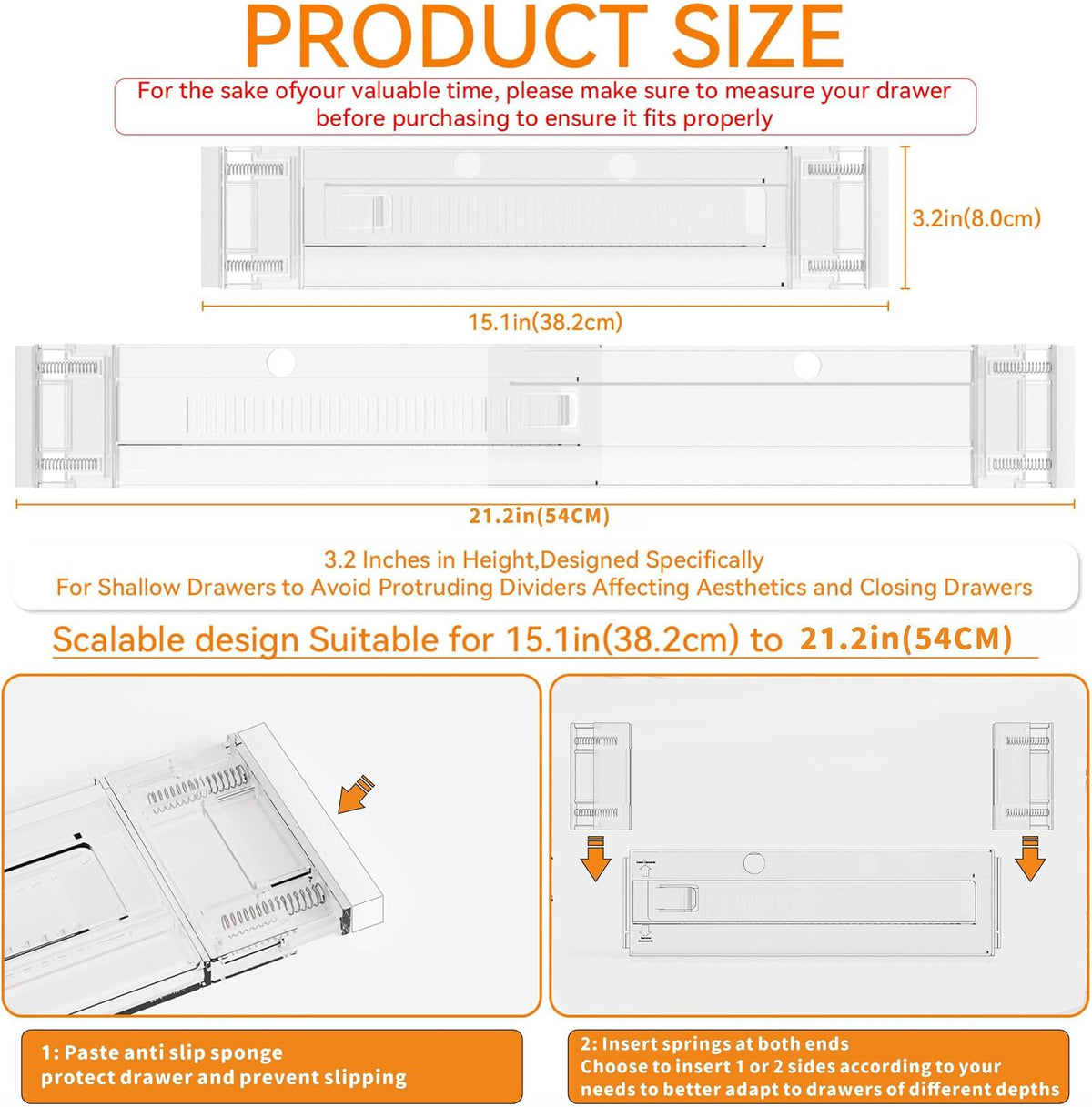 4 Pack 3.2 Inch Shallow Acrylic Drawer Dividers for Clothes -Expandable from 15-21''- Adjustable Drawer Dividers for Baby Clothing,Sock,Underwear,Clear in Drawer Separators for Dresser,Kitchen